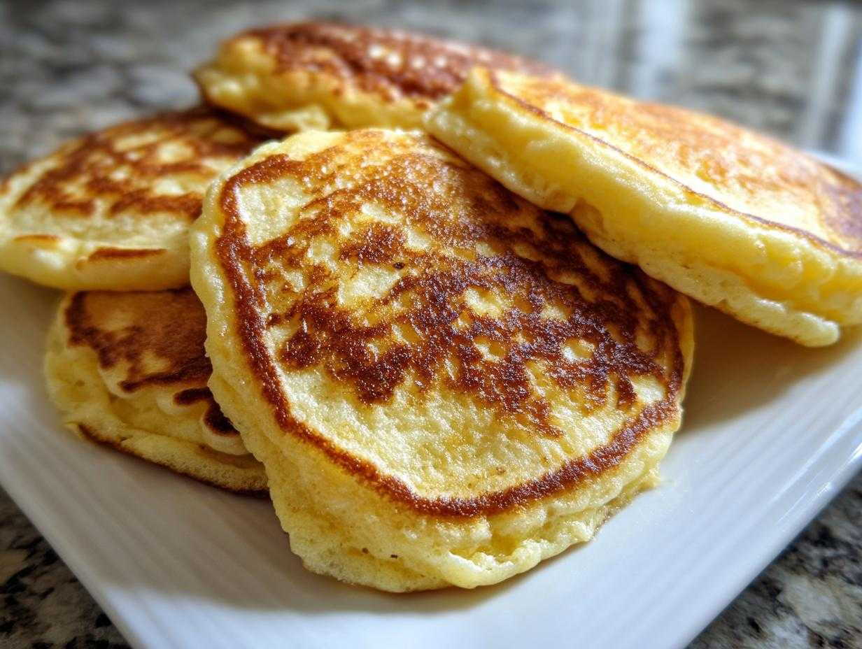 Zbliżenie na stos puszystych placuszków bananowych z trzech składników, idealnie zarumienionych na patelni.