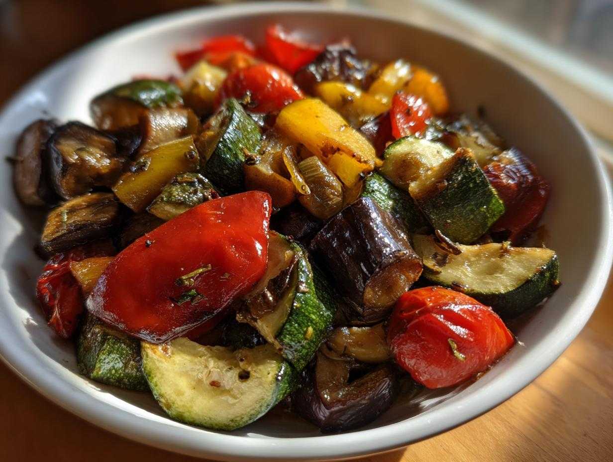 Zbliżenie na miskę pełną kolorowego ratatouille z bakłażanem, cukinią, papryką i pomidorkami.