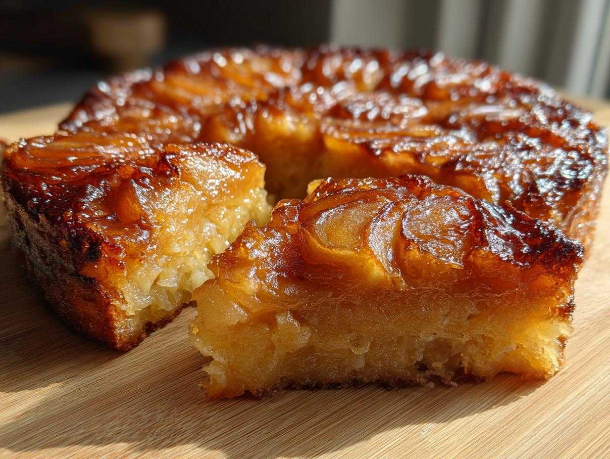 Kawałek pysznej Tarty Tatin z karmelizowanymi jabłkami na drewnianej desce.