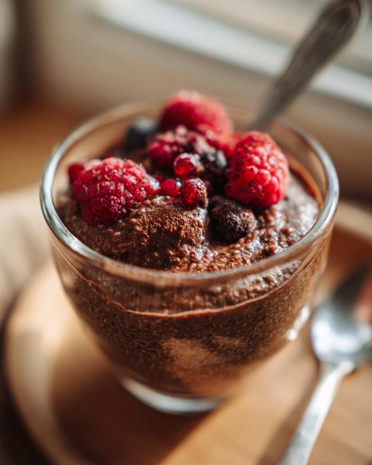 Pudding chia czekoladowy bez cukru w szklance, udekorowany malinami i borówkami.