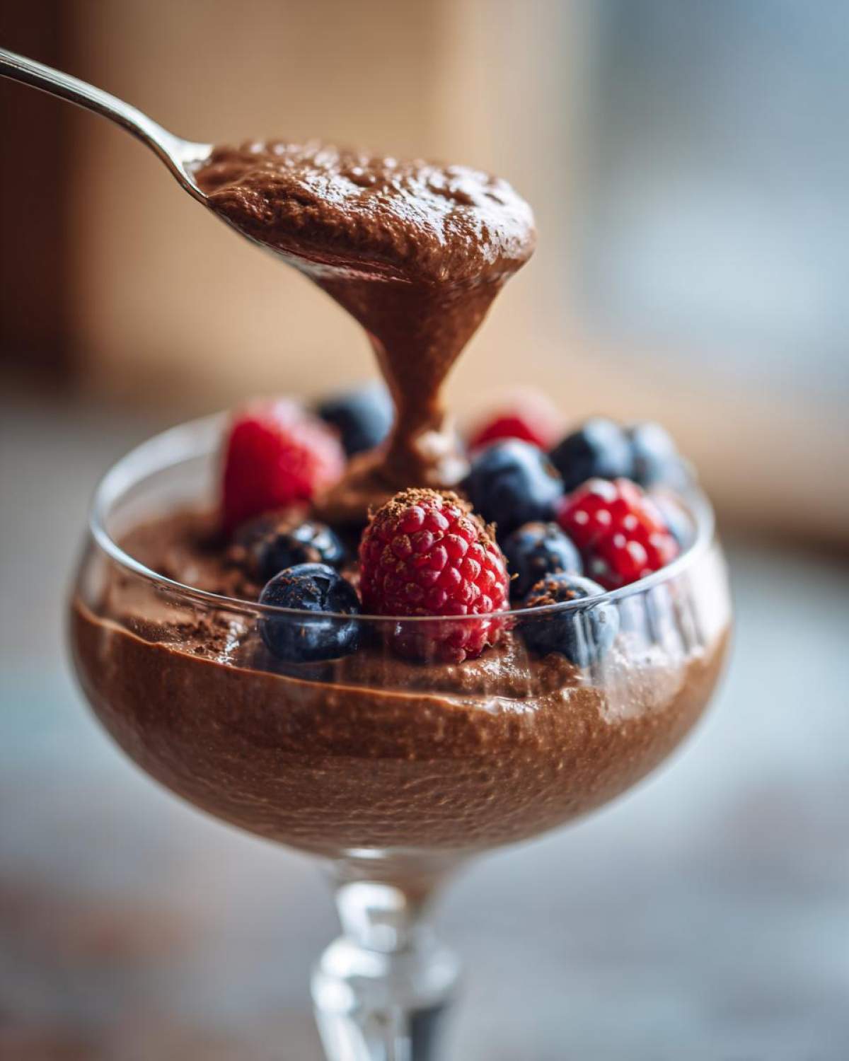 Pudding chia czekoladowy bez cukru w kieliszku, udekorowany malinami i borówkami.