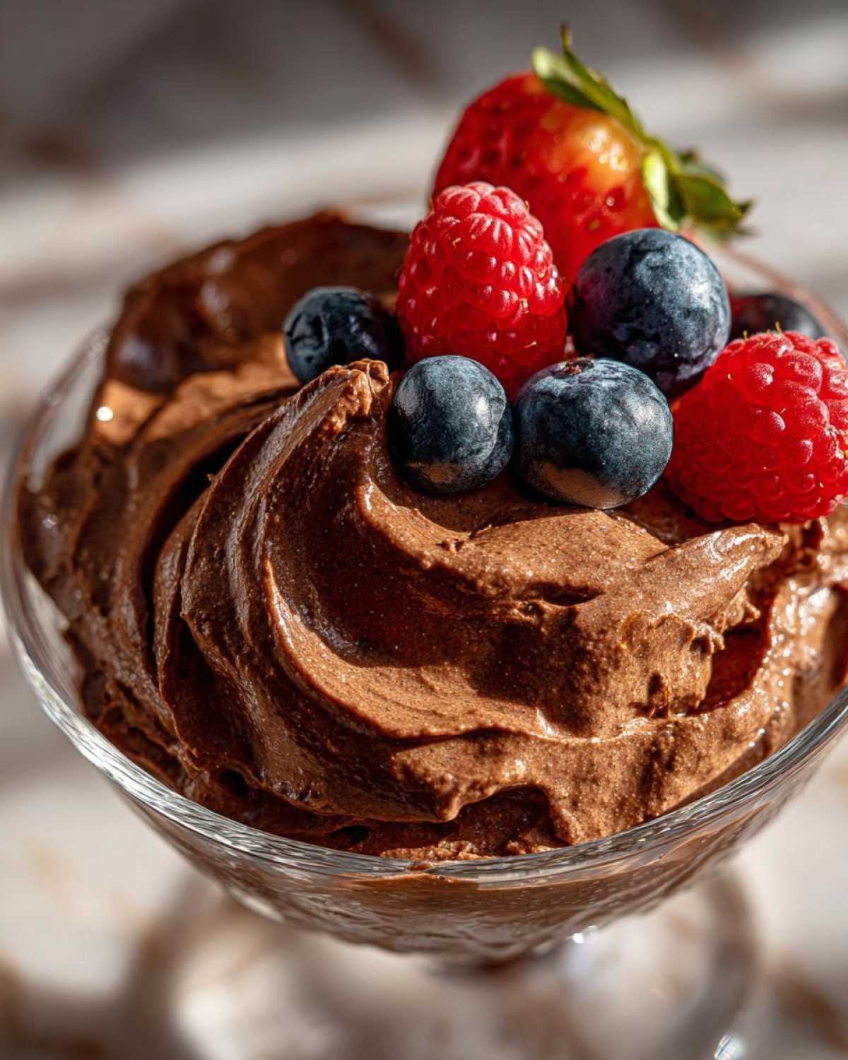 Pudding chia czekoladowy bez cukru ozdobiony świeżymi malinami, borówkami i truskawką.