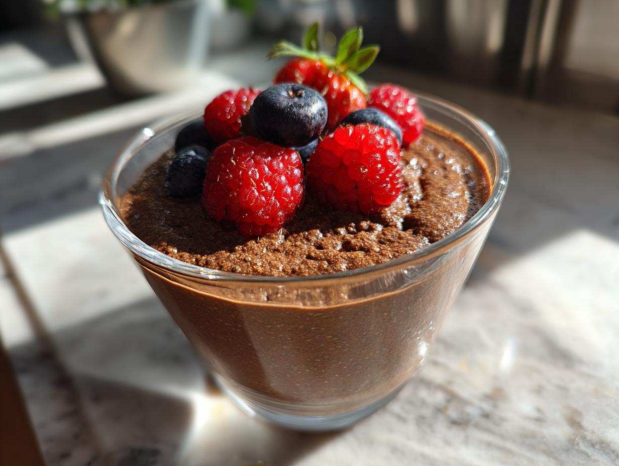 Pudding chia czekoladowy bez cukru w szklance, udekorowany malinami, borówkami i truskawką.