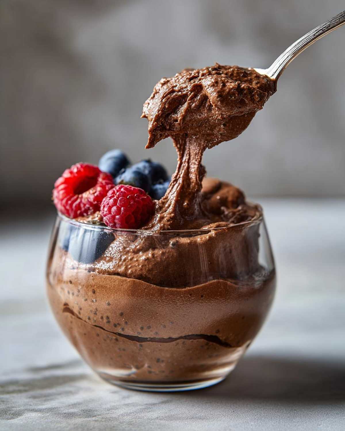 Łyżka nakładająca kremowy pudding chia czekoladowy bez cukru, ozdobiony malinami i borówkami.