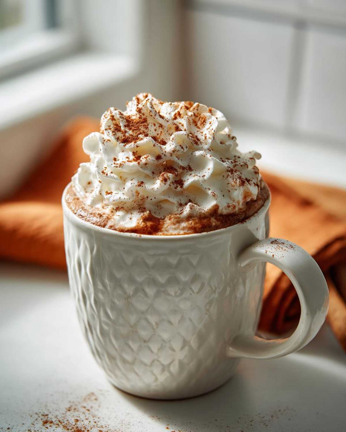 Zbliżenie na kubek z Pumpkin Spice Latte, ozdobione bitą śmietaną i posypane cynamonem.