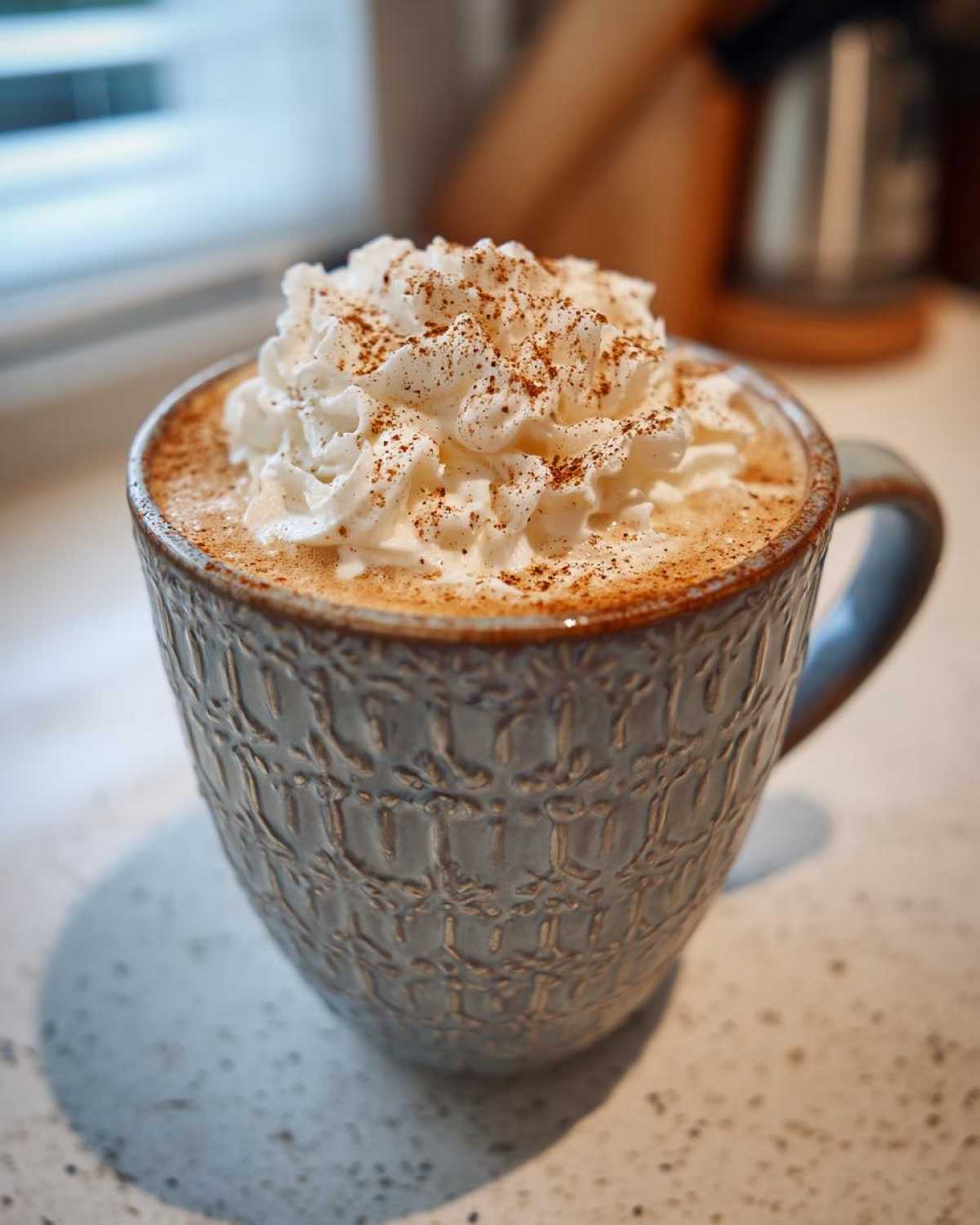 Kubek z Pumpkin Spice Latte, ozdobiony bitą śmietaną i cynamonem.
