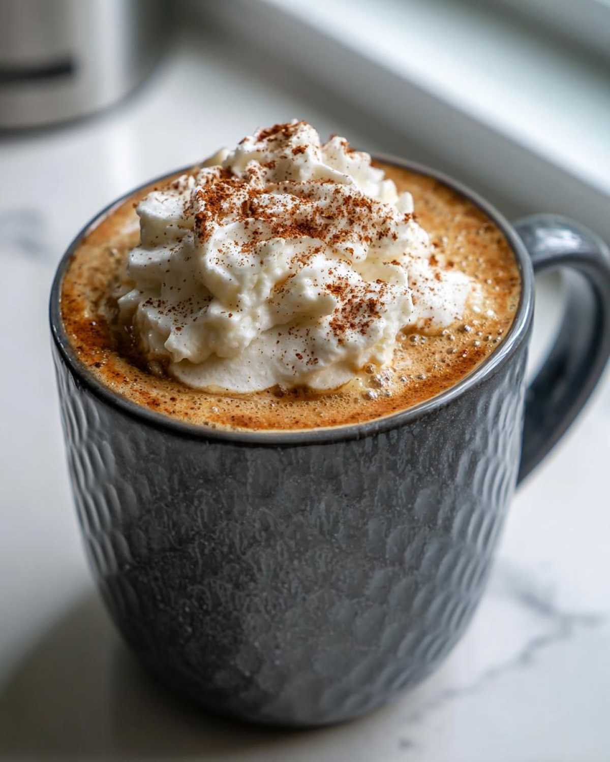 Kubek z Pumpkin Spice Latte ozdobiony bitą śmietaną i cynamonem.