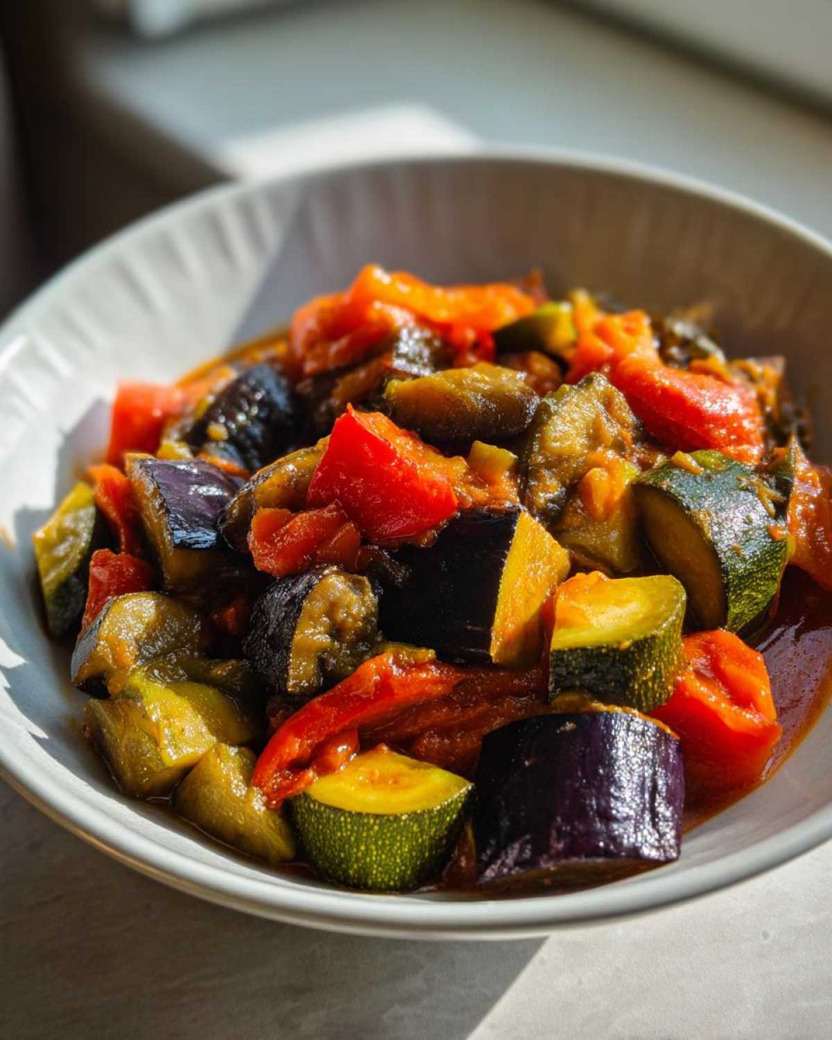 Miseczka pełna ratatouille z kawałkami cukinii, bakłażana i papryki w sosie.