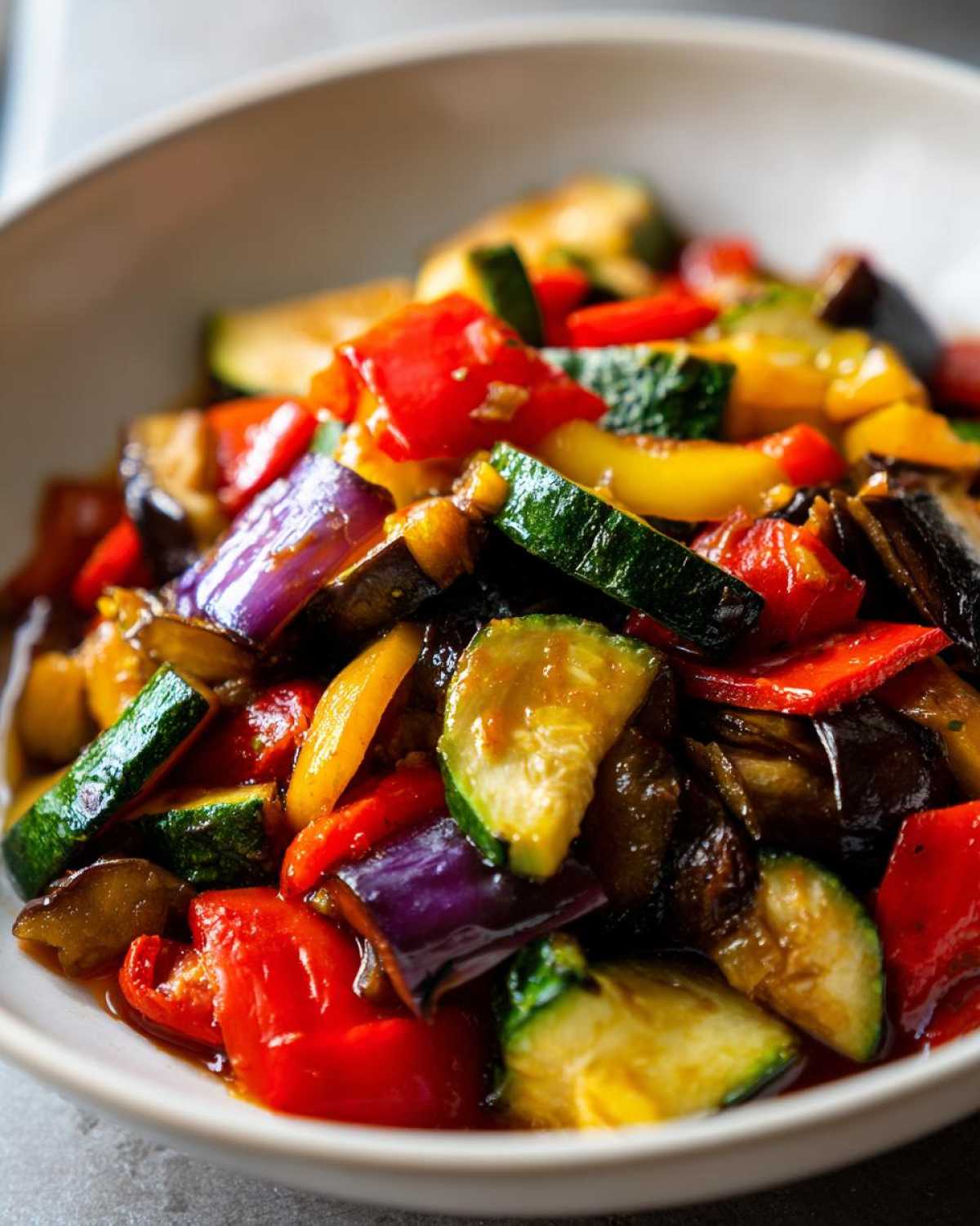 Zbliżenie na miskę pełną kolorowego ratatouille z cukinii, bakłażana, papryki i cebuli.