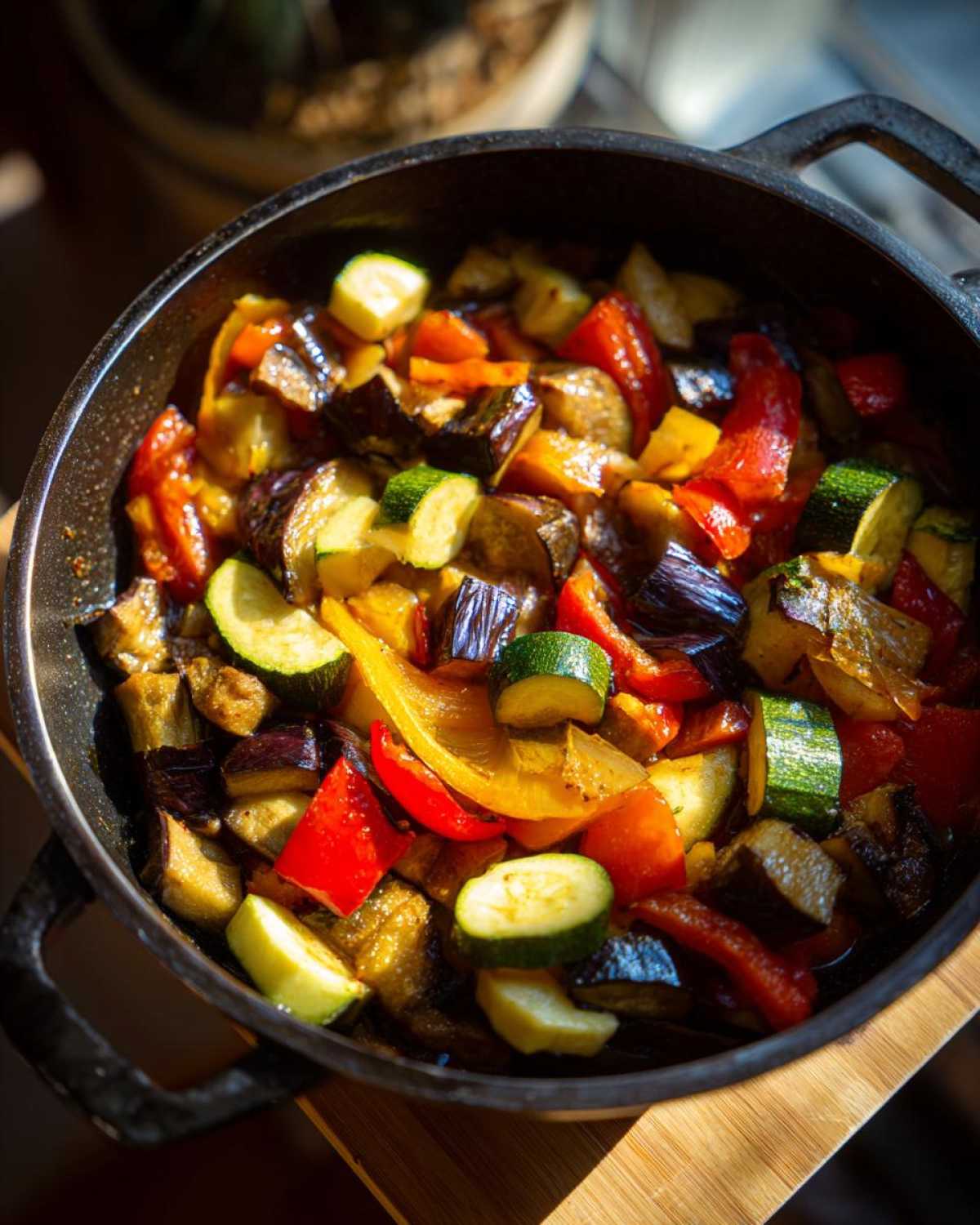 Ratatouille z cukinii, bakłażana i papryki w żeliwnym naczyniu, gotowe do podania.