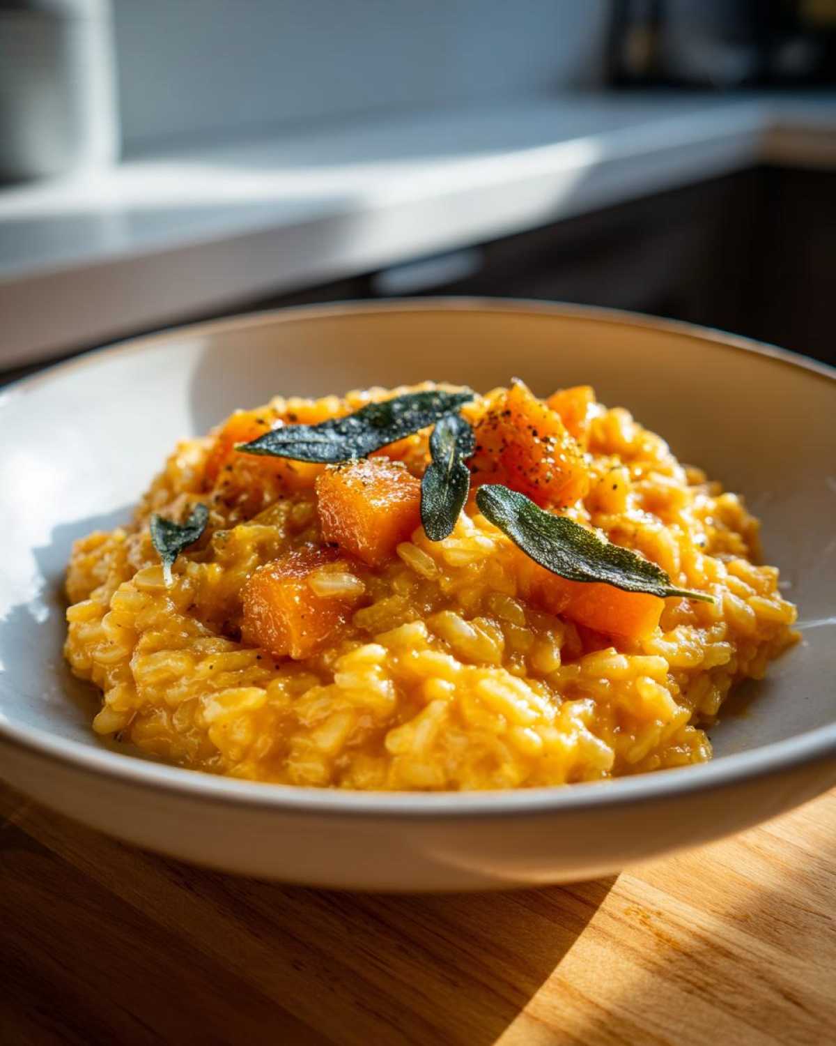 Miseczka kremowego risotto dyniowego z kawałkami dyni i listkami szałwii, posypane pieprzem.