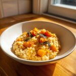 Miseczka kremowego risotto dyniowego z kawałkami dyni i listkami szałwii, udekorowana na drewnianym blacie.