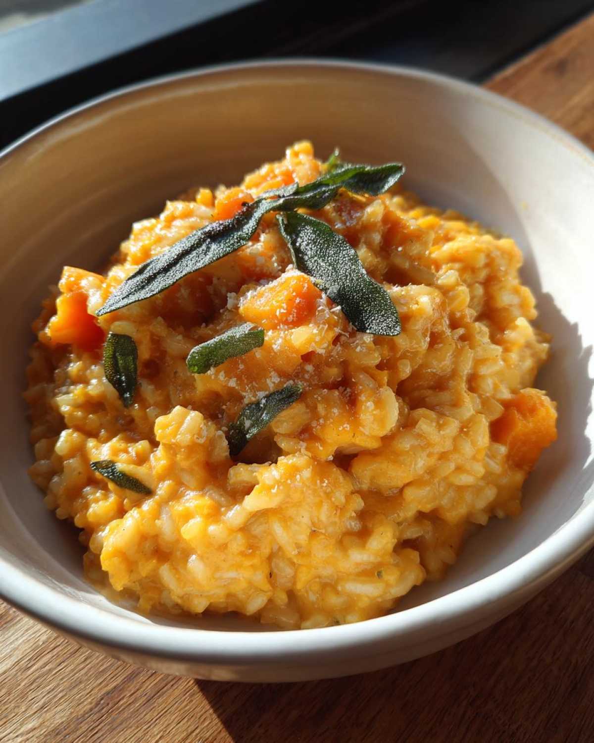 Zbliżenie na miskę kremowego risotto dyniowego z szałwią, ozdobione listkami szałwii i startym parmezanem.