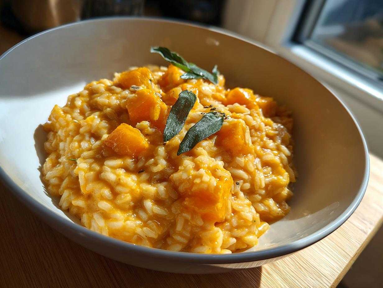 Kremowe risotto dyniowe z kawałkami dyni i listkami szałwii, udekorowane na talerzu.