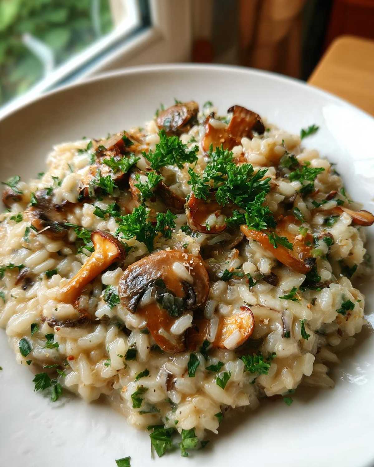Zbliżenie na kremowe risotto z grzybami, posypane świeżą natką pietruszki.
