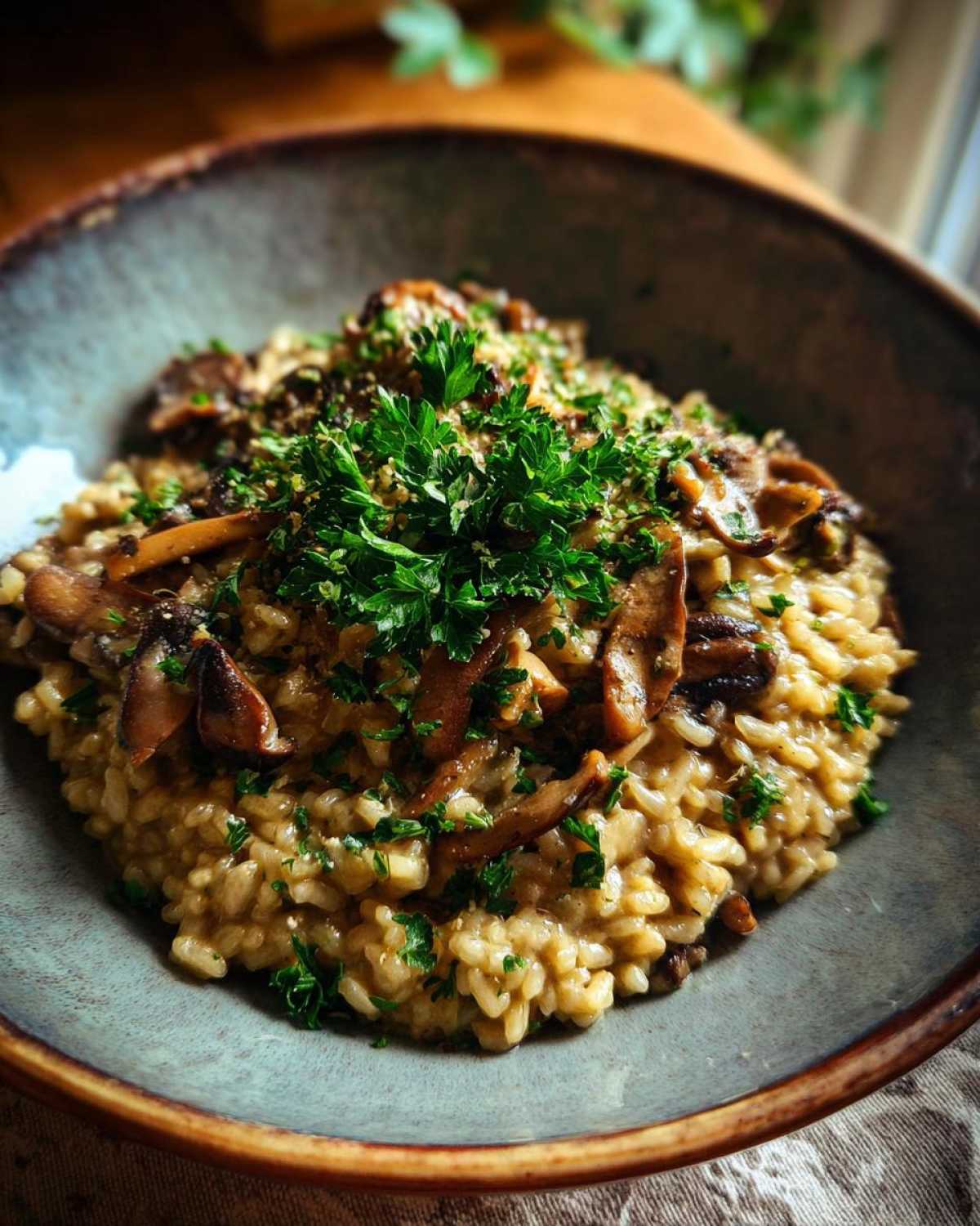 Zbliżenie na kremowe risotto z grzybami, udekorowane świeżą natką pietruszki.