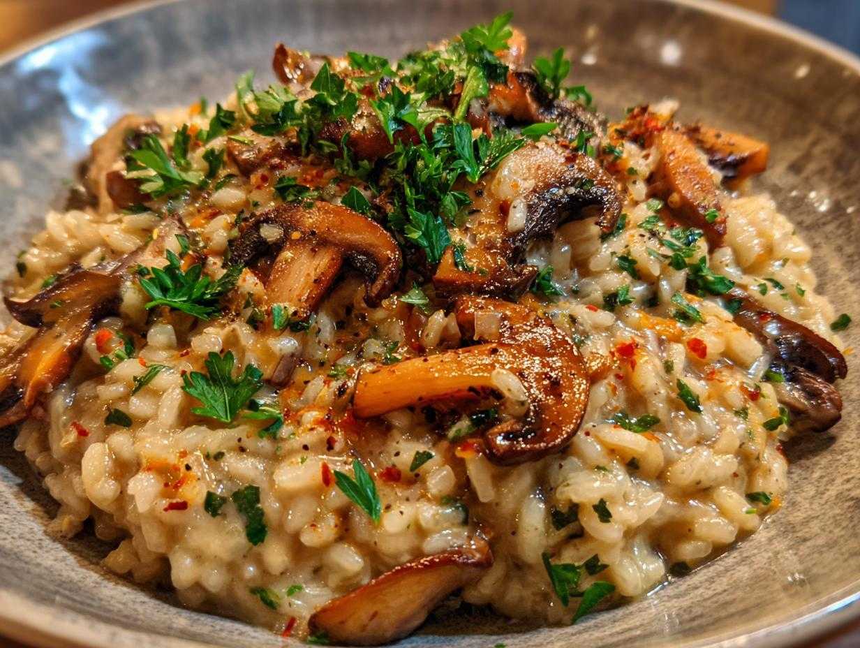 Zbliżenie na kremowe risotto z grzybami, udekorowane świeżą natką pietruszki i płatkami chili.