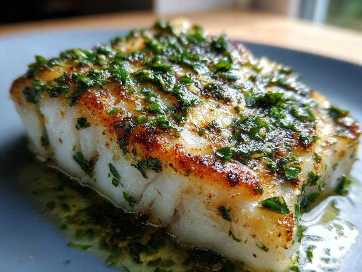 Zbliżenie na soczysty kawałek ryby, posypany świeżymi ziołami, idealny na Seafood Day.