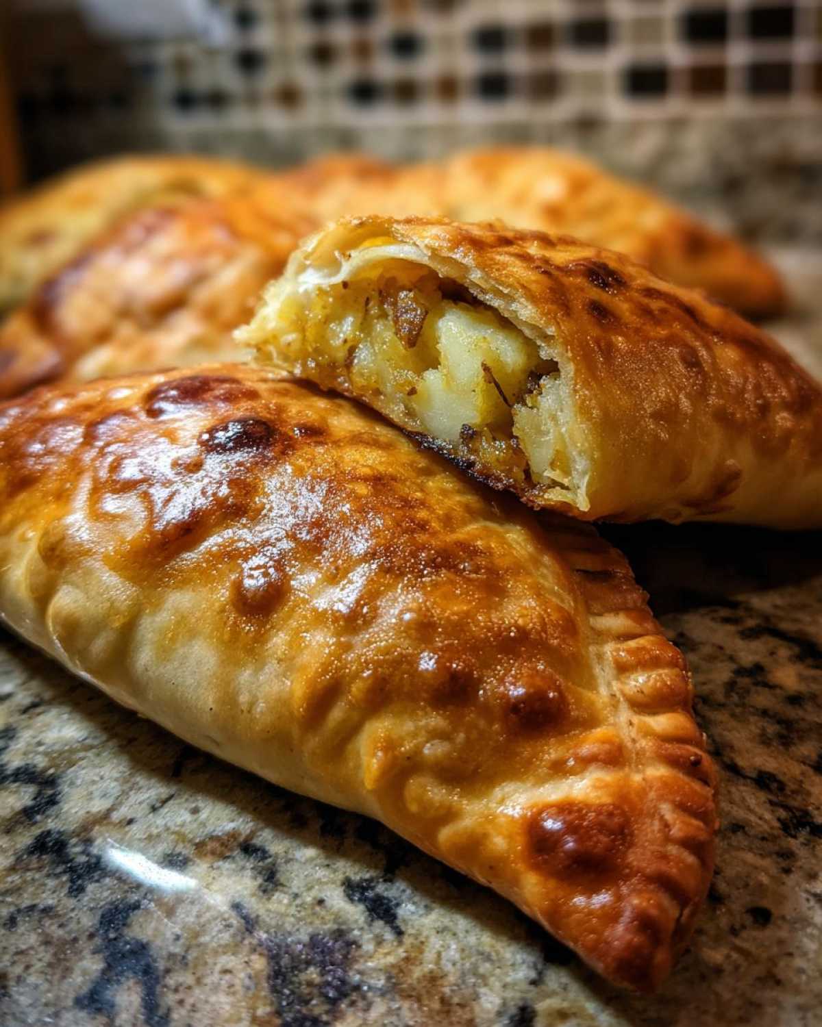 Zbliżenie na przekrojonego samosa wegetariańskiego z nadzieniem ziemniaczanym i przyprawami.