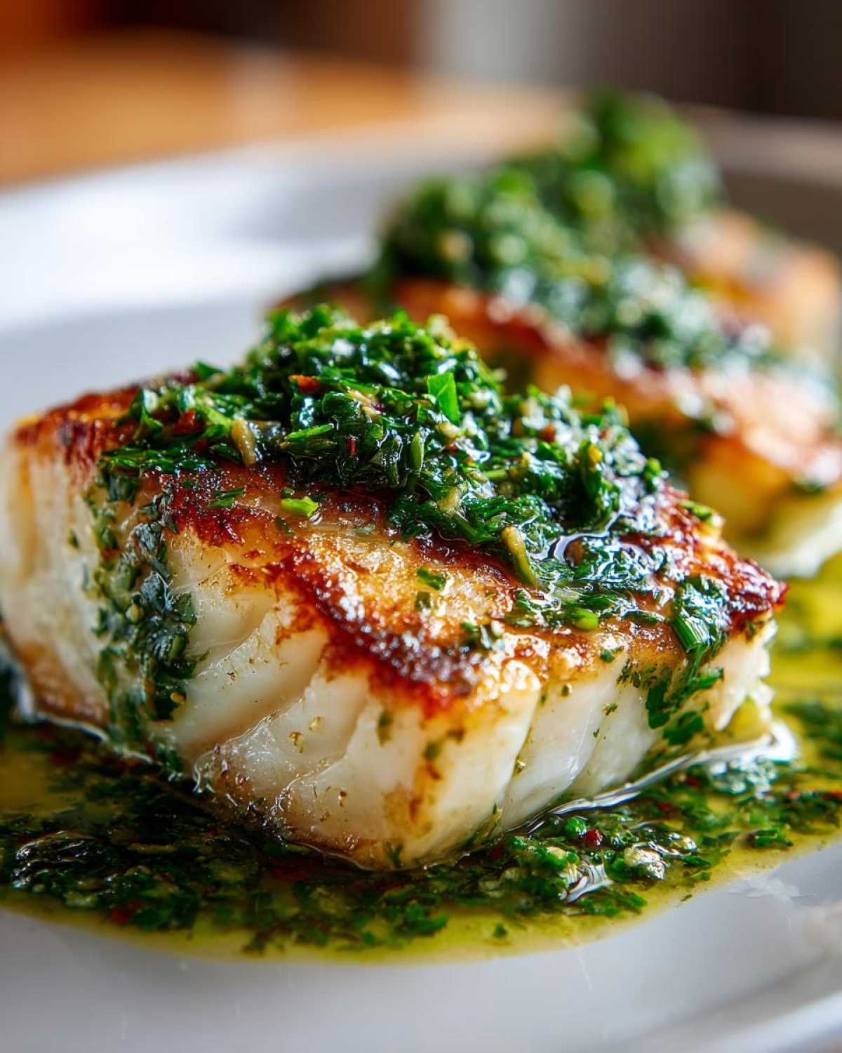 Zbliżenie na kawałek ryby z zielonym, ziołowym sosem, idealny na Seafood Day.