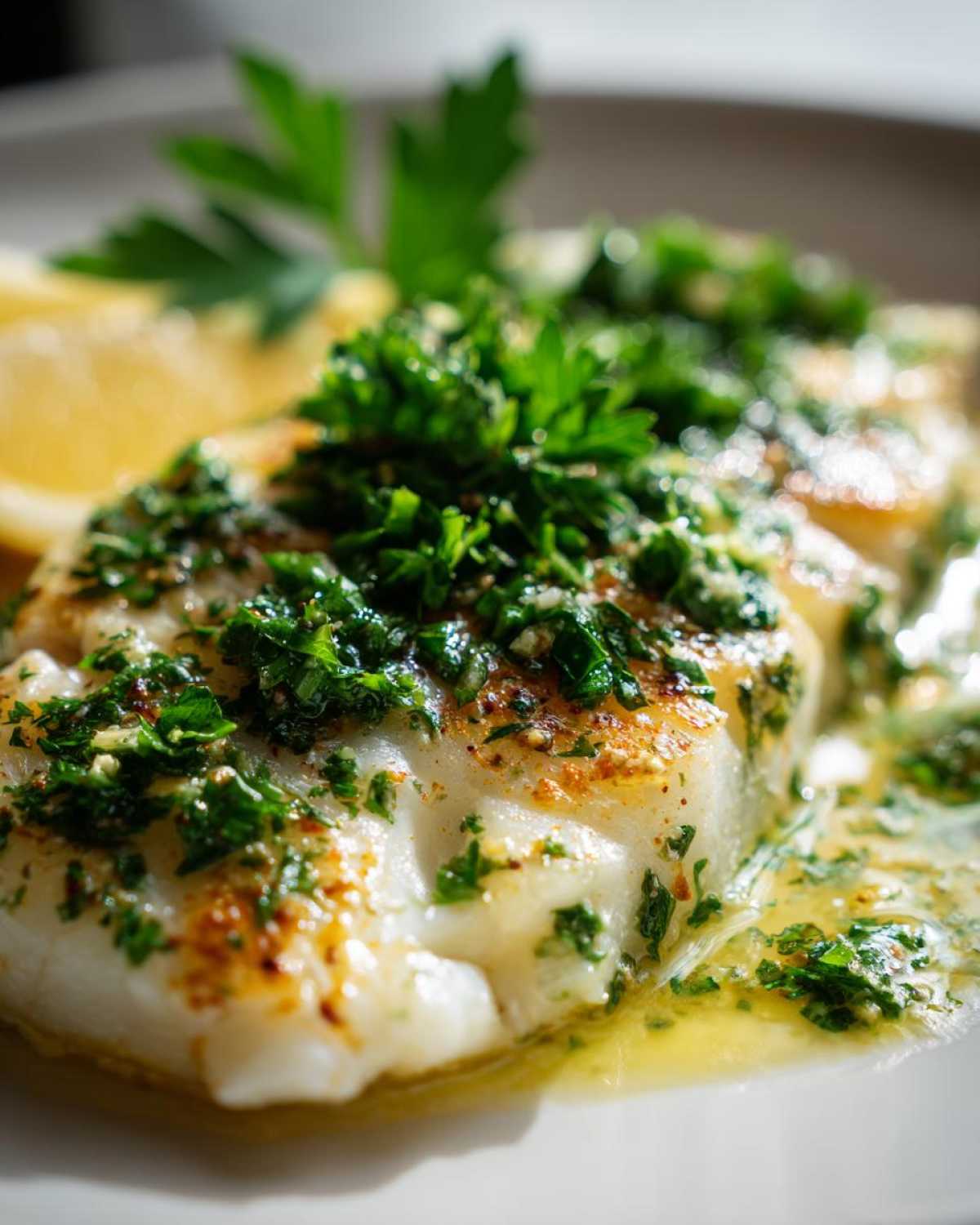 Zbliżenie na pieczoną rybę z ziołami, czosnkiem i masłem, podaną z plasterkiem cytryny. Idealna na Seafood Day.