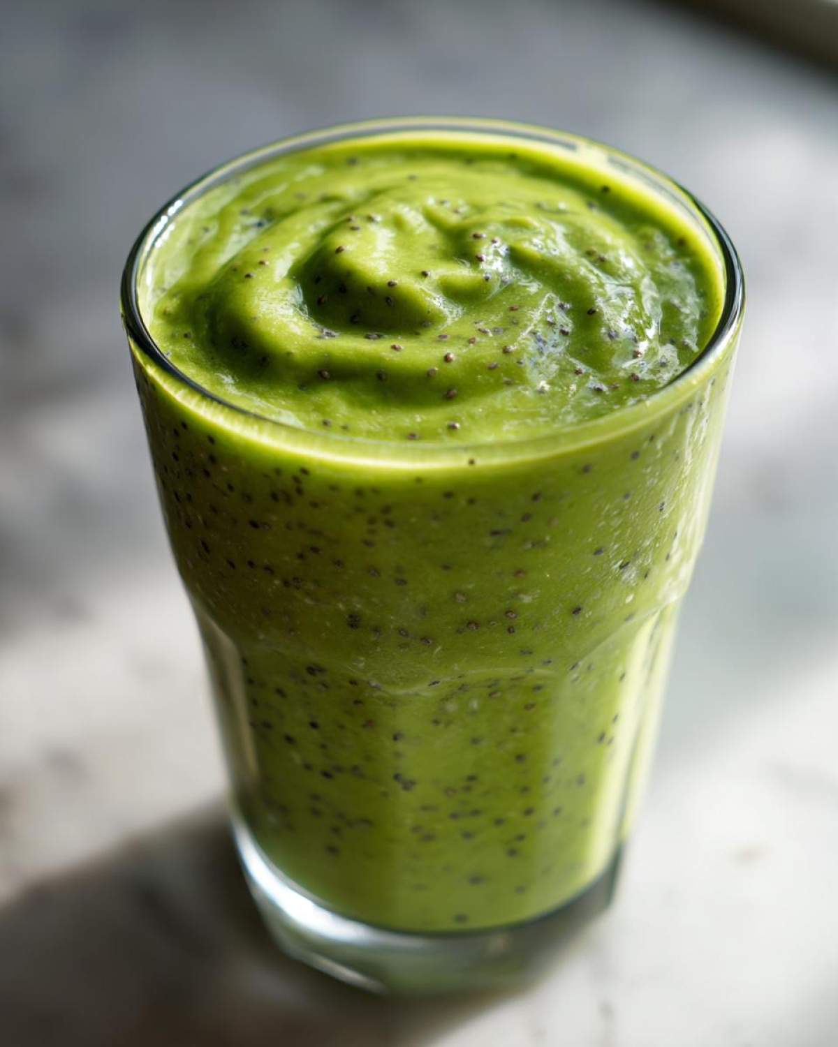 Szklanka smoothie z jarmużu i banana z nasionami chia, widok z bliska.