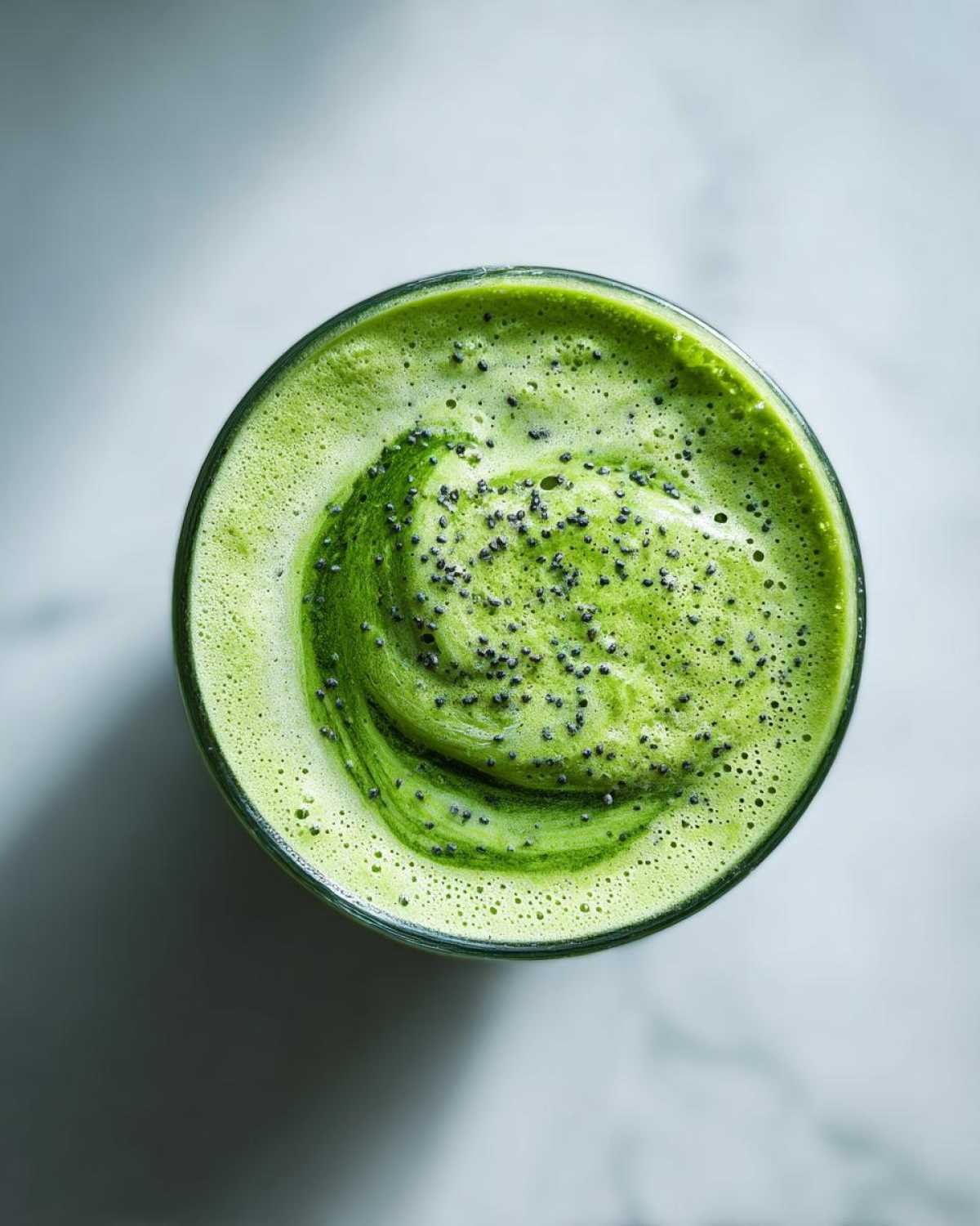 Widok z góry na zielony smoothie z jarmużu i banana, posypane nasionami chia.