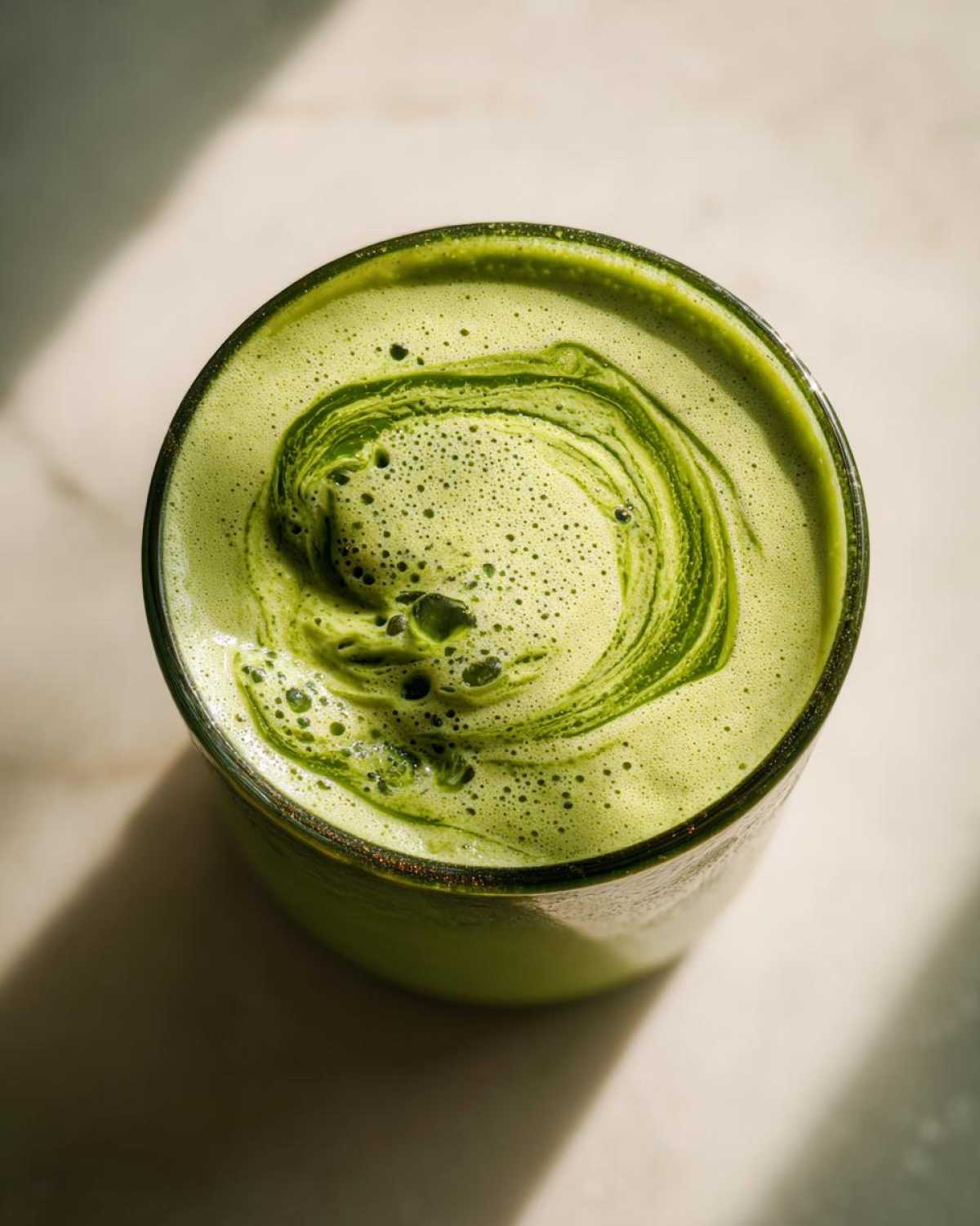 Zbliżenie na wierzch zielonego smoothie z jarmużu i banana z pianką i wirami.