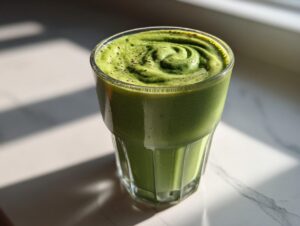 Szklanka smoothie z jarmużu i banana z widocznymi wirami na powierzchni i posypką.