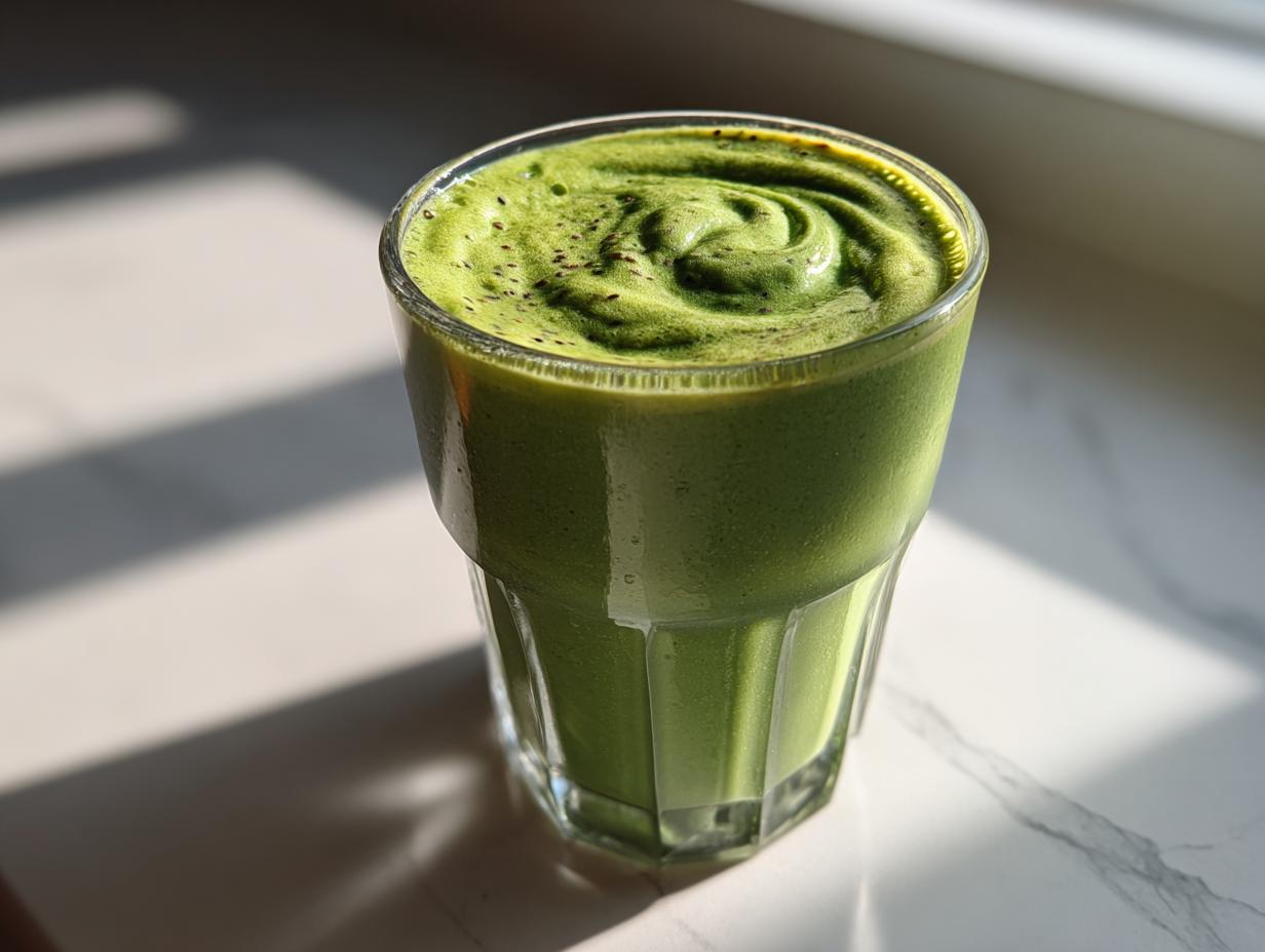 Szklanka smoothie z jarmużu i banana z widocznymi wirami na powierzchni i posypką.