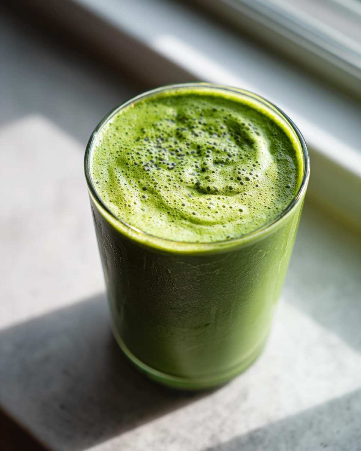 Szklanka smoothie z jarmużu i banana, z pianką i nasionami chia na wierzchu.