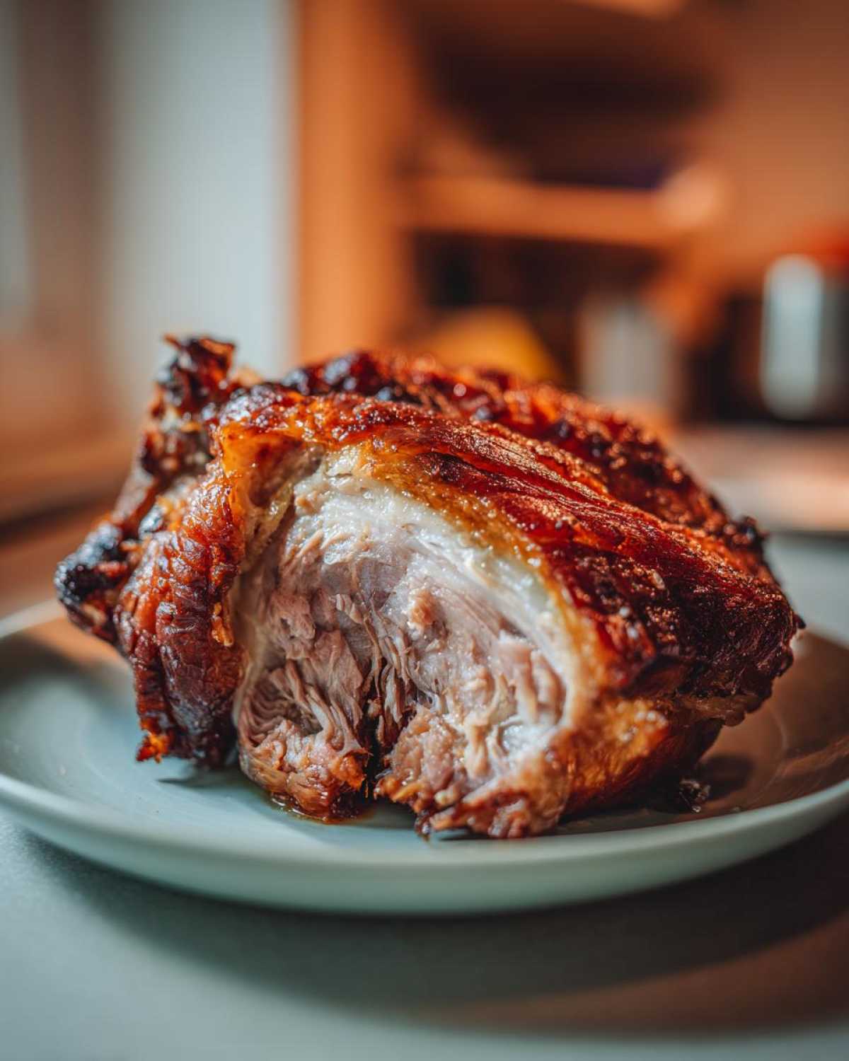 Soczysta golonka pieczona z chrupiącą skórką, podana na talerzu.