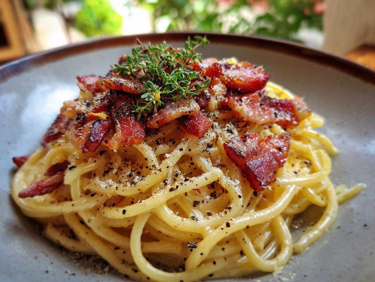 Zbliżenie na talerz spaghetti carbonara z chrupiącym boczkiem, posypane świeżo mielonym pieprzem i gałązką tymianku.