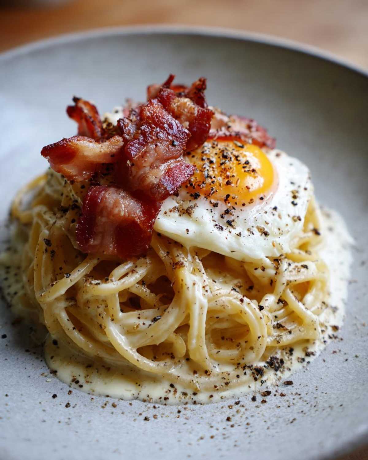 Zbliżenie na talerz spaghetti carbonara z kremowym sosem, jajkiem sadzonym i chrupiącym boczkiem.
