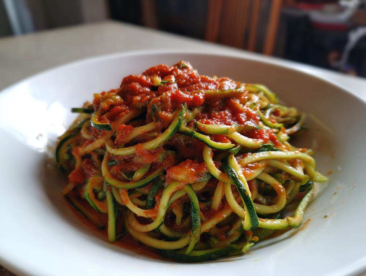 Zbliżenie na talerz ze spaghetti z cukinii z sosem pomidorowym.