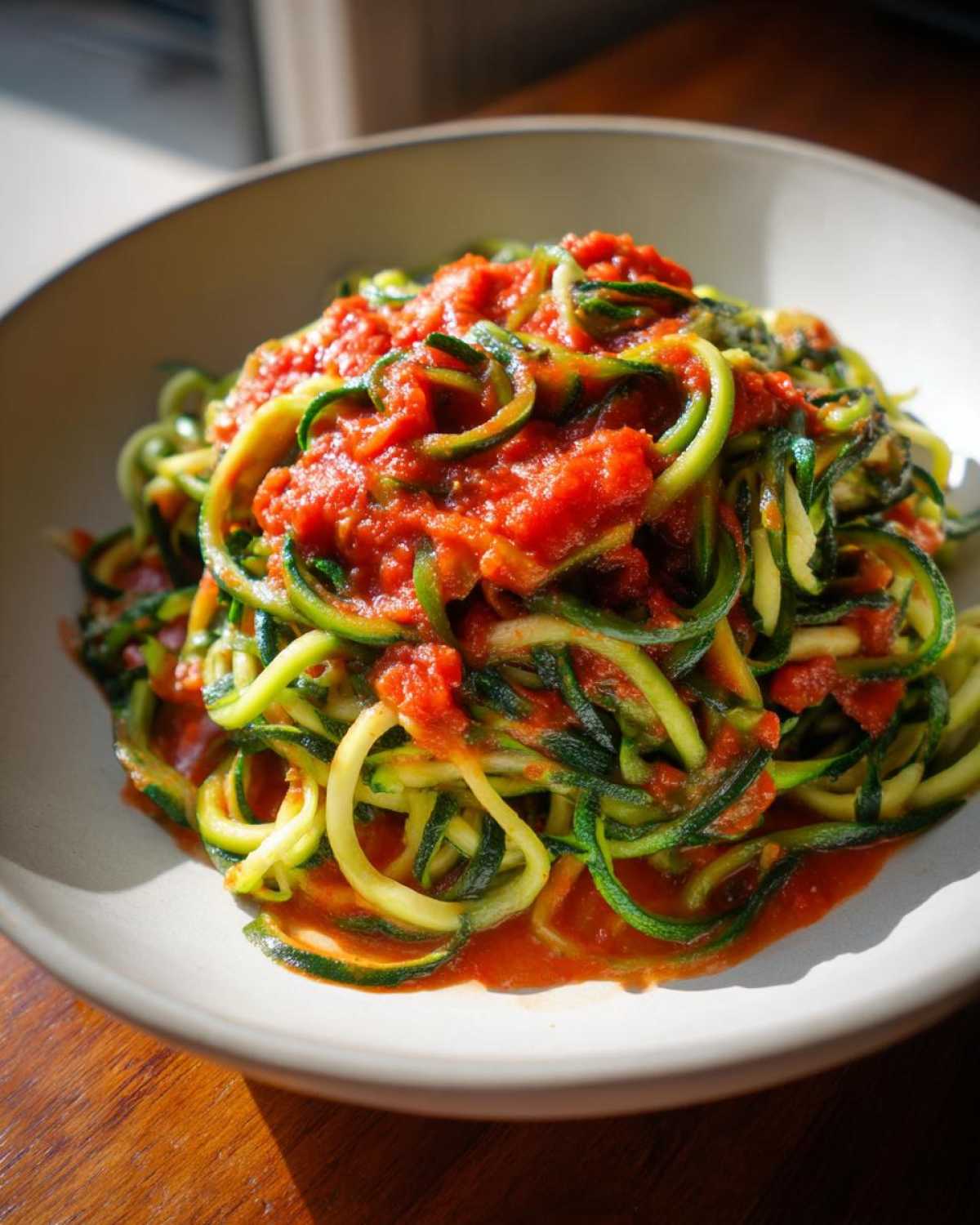 Spaghetti z cukinii z sosem pomidorowym w misce, danie gotowe do spożycia.