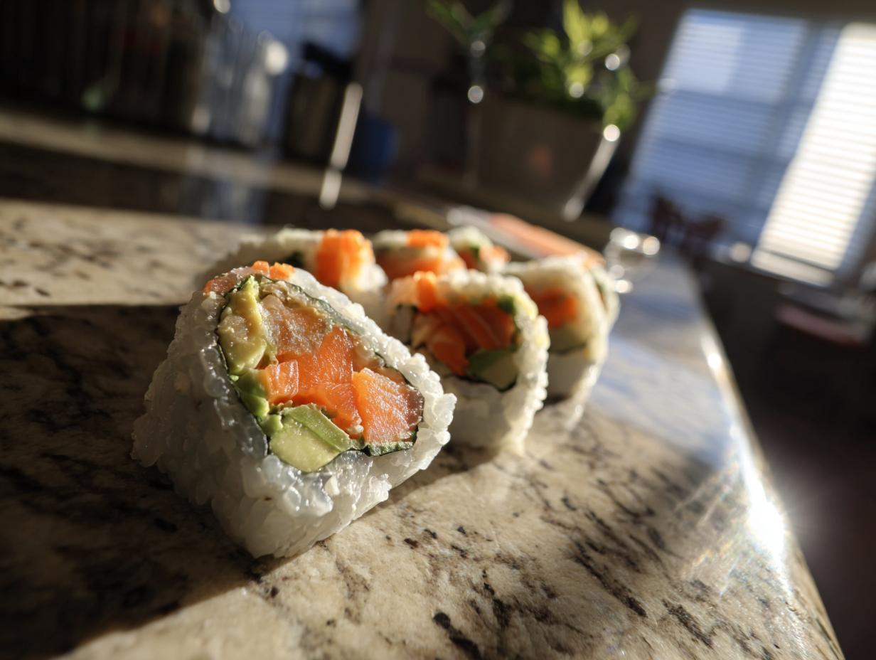 Zbliżenie na sushi maki z łososiem i awokado, ułożone na kamiennym blacie.