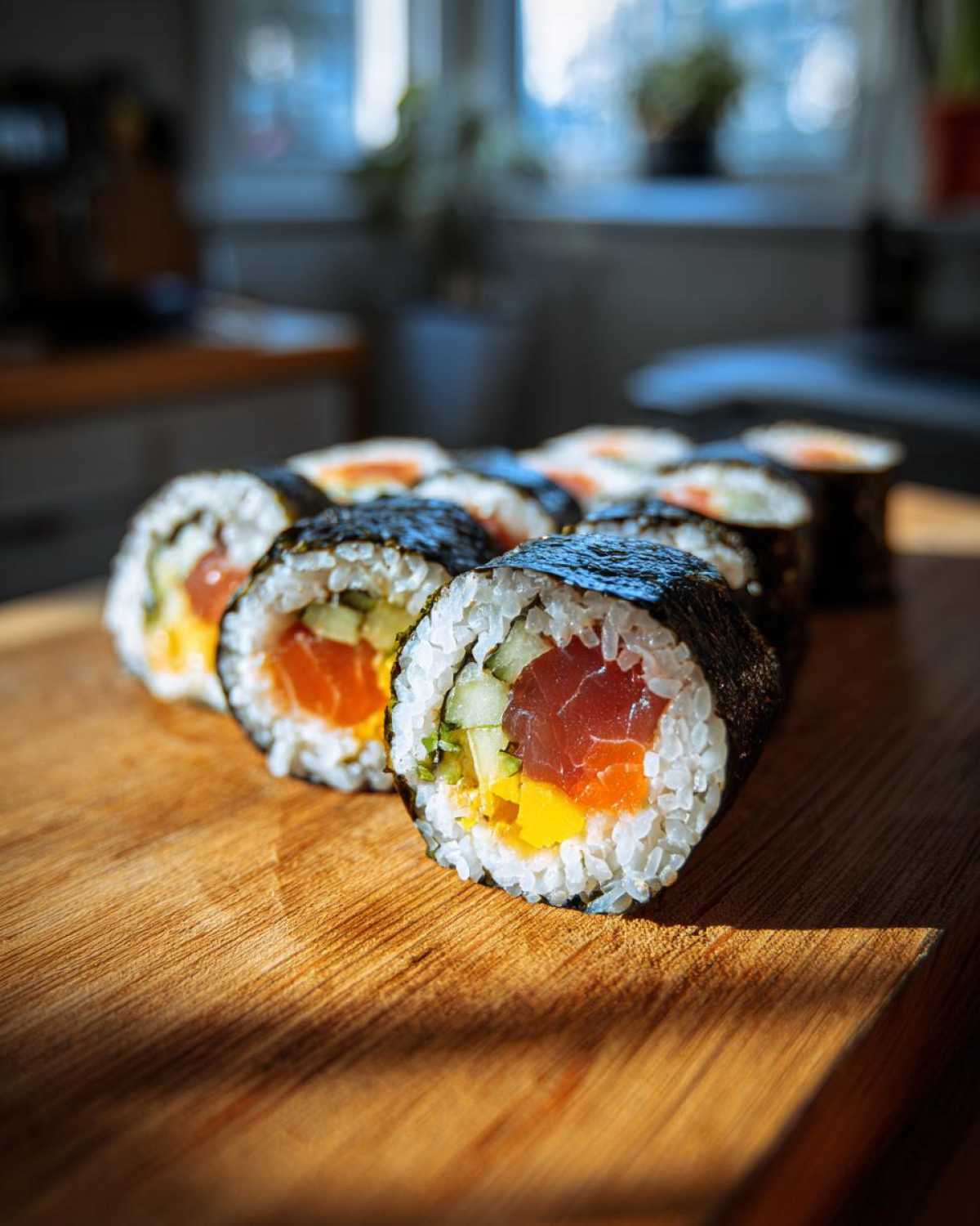 Zbliżenie na rolki sushi maki z łososiem, ogórkiem i mango na desce drewnianej.