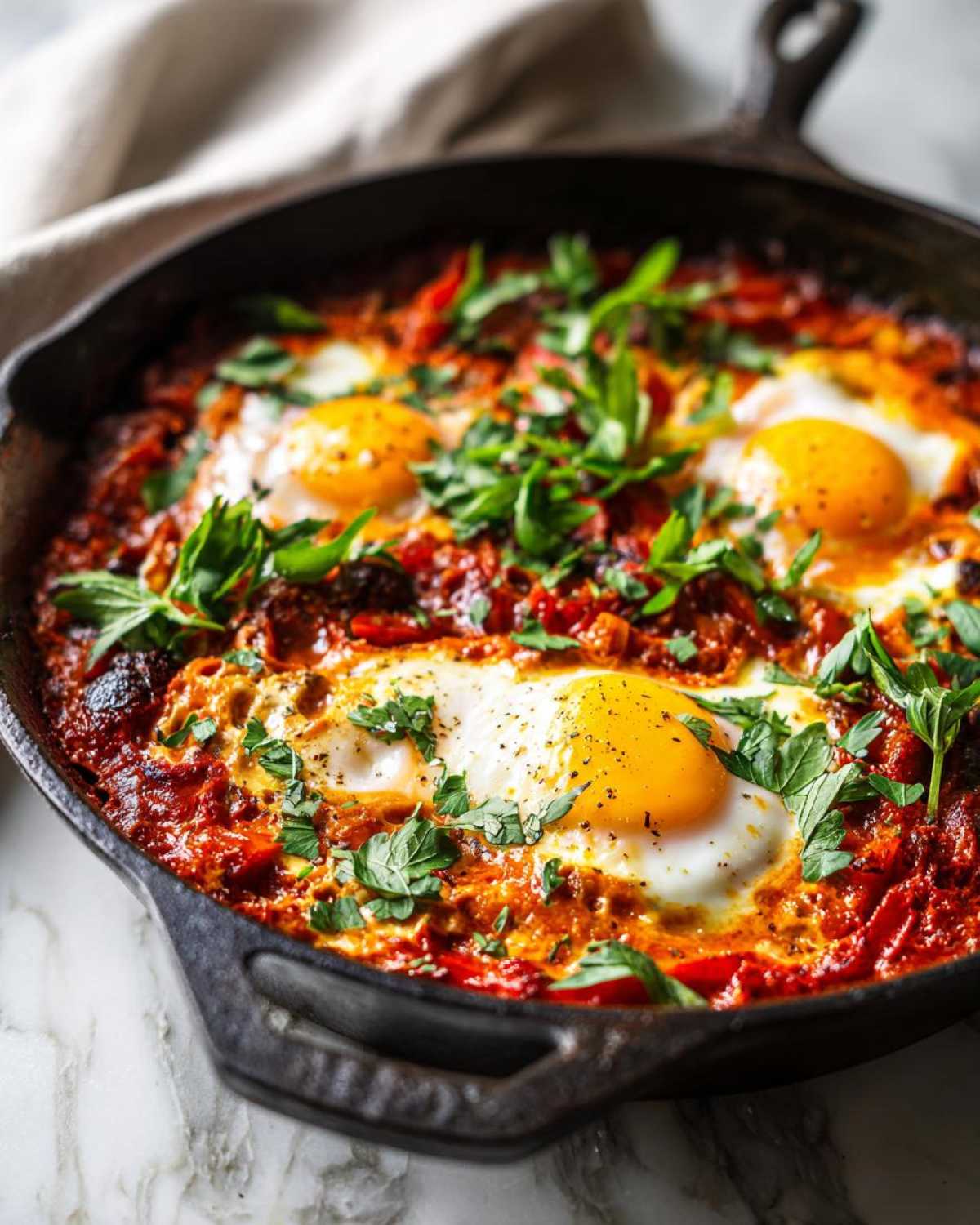 Aromatyczna szakszuka z jajkami w pomidorach, podana w żeliwnej patelni, udekorowana świeżą pietruszką.