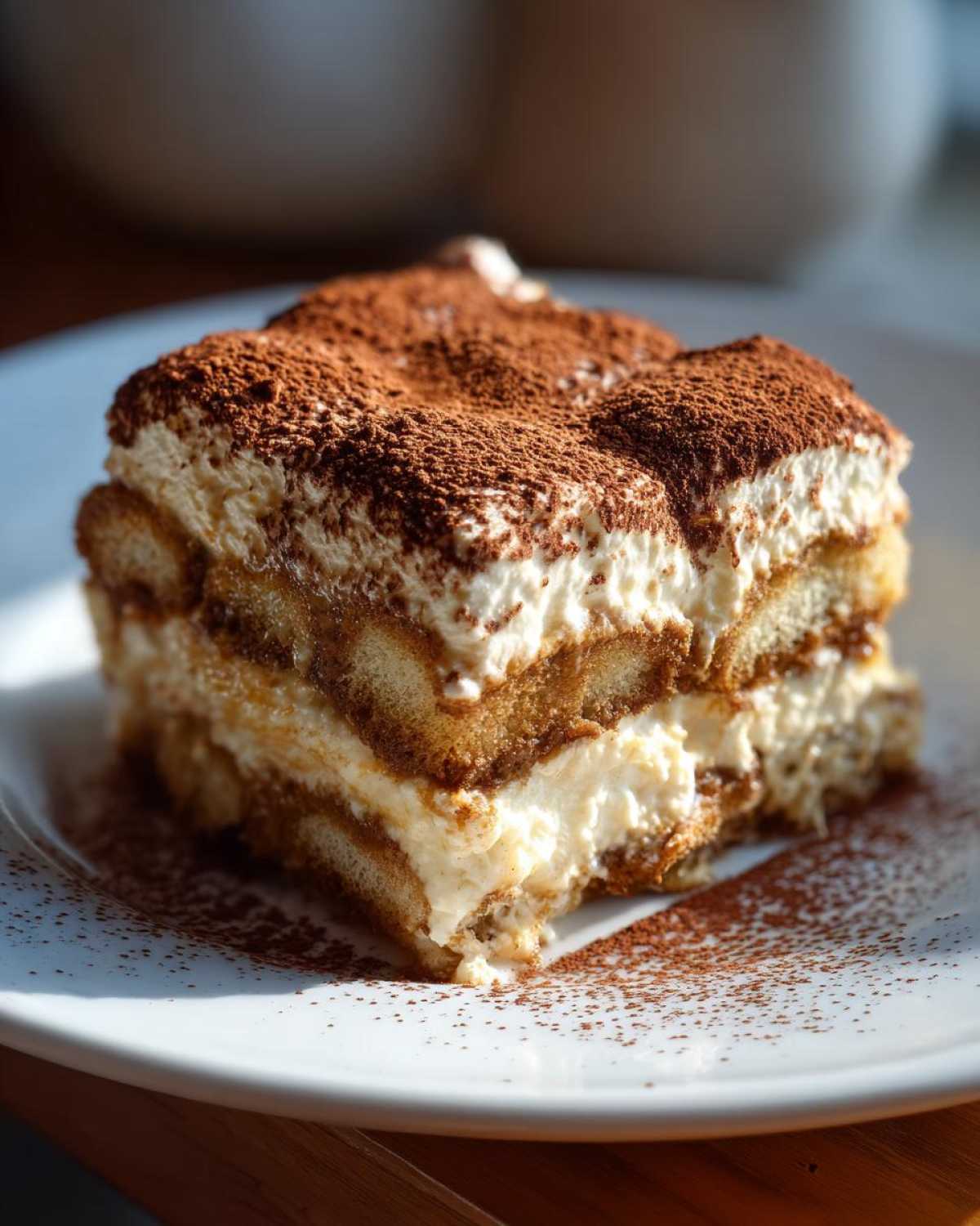 Kawałek klasycznego tiramisu na białym talerzu, posypany kakao.