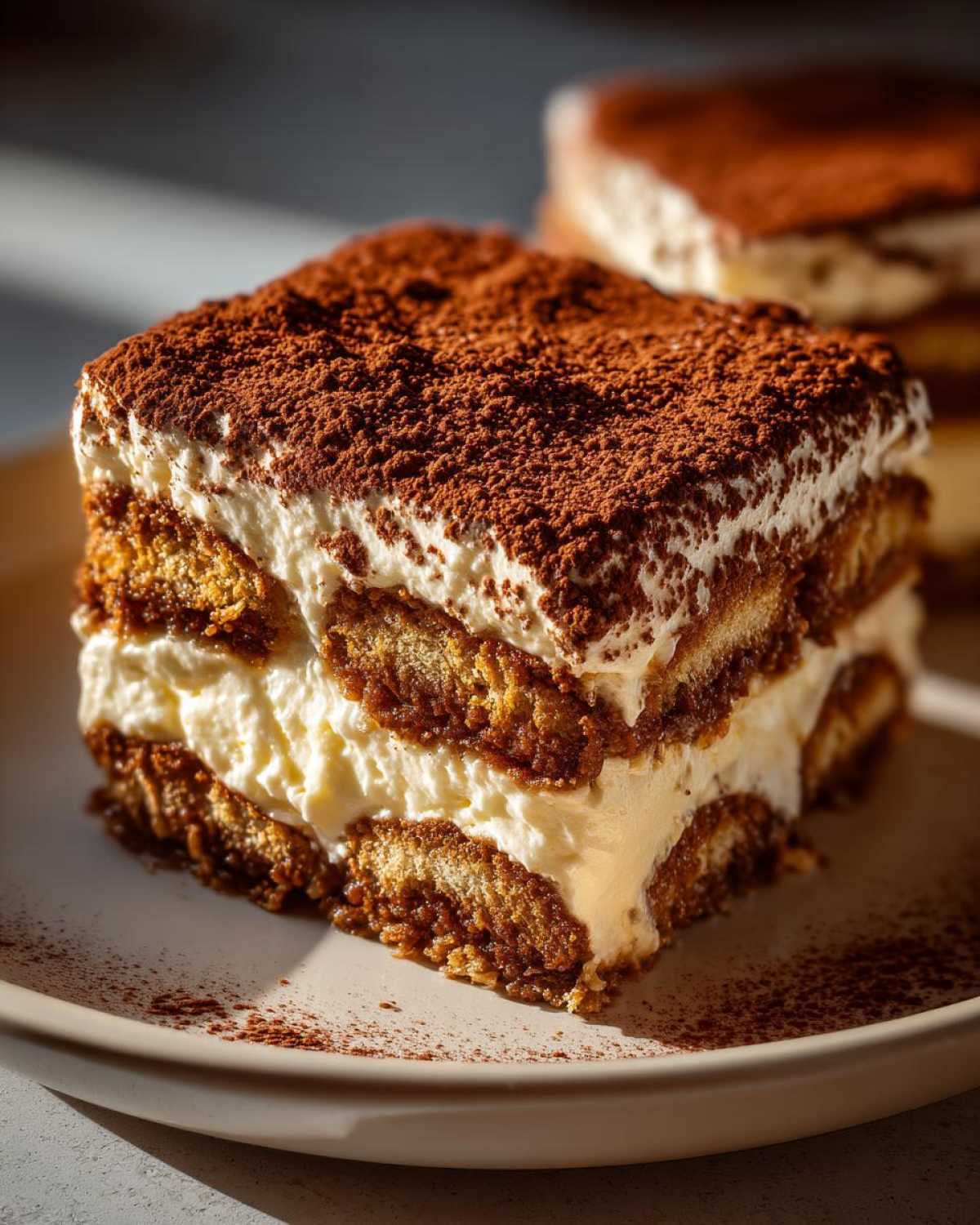Kawałek klasycznego tiramisu posypany kakao, z widocznymi warstwami biszkoptów i kremu.
