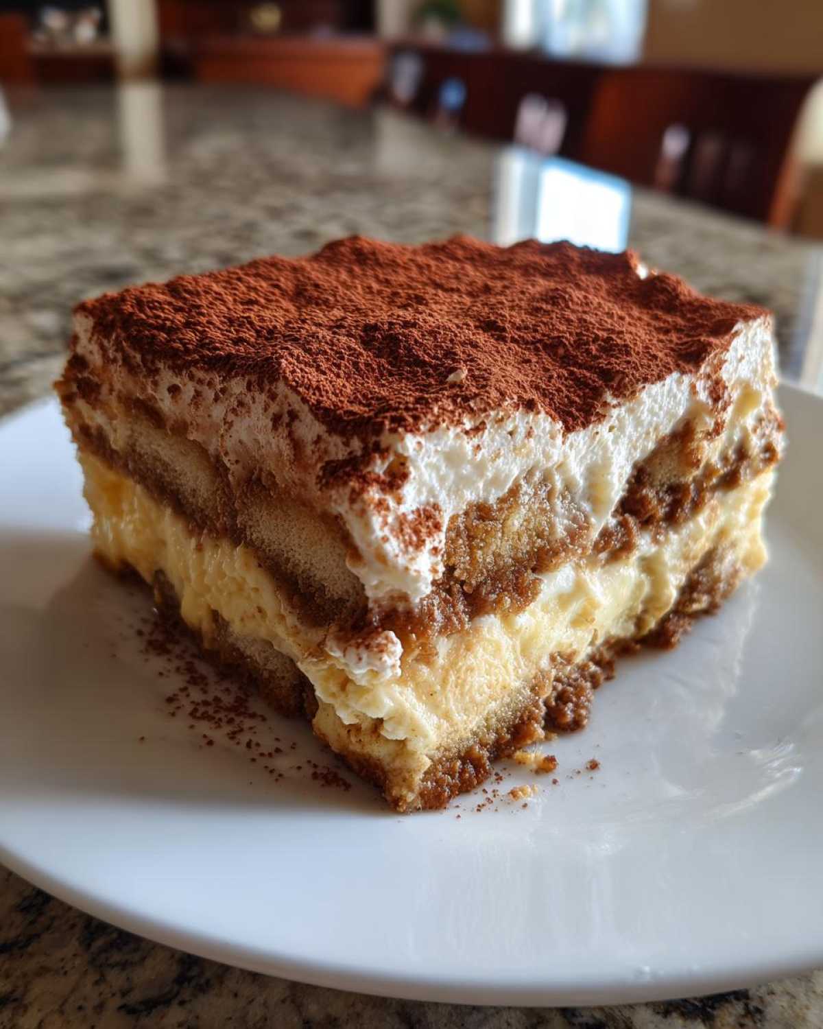 Kawałek pysznego tiramisu klasycznego posypanego kakao, z widocznymi warstwami biszkoptów i kremu.