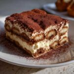Kawałek pysznego tiramisu klasyczne z kremem i biszkoptami, posypane kakao.