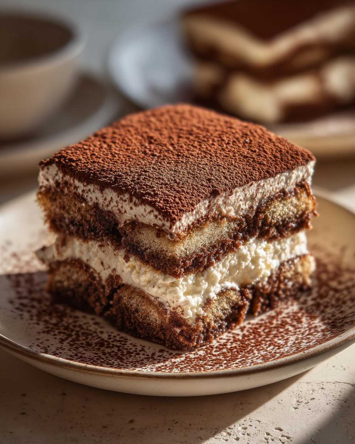 Kawałek tiramisu klasycznego posypany kakao, na talerzu, z widocznymi warstwami biszkoptów i kremu.