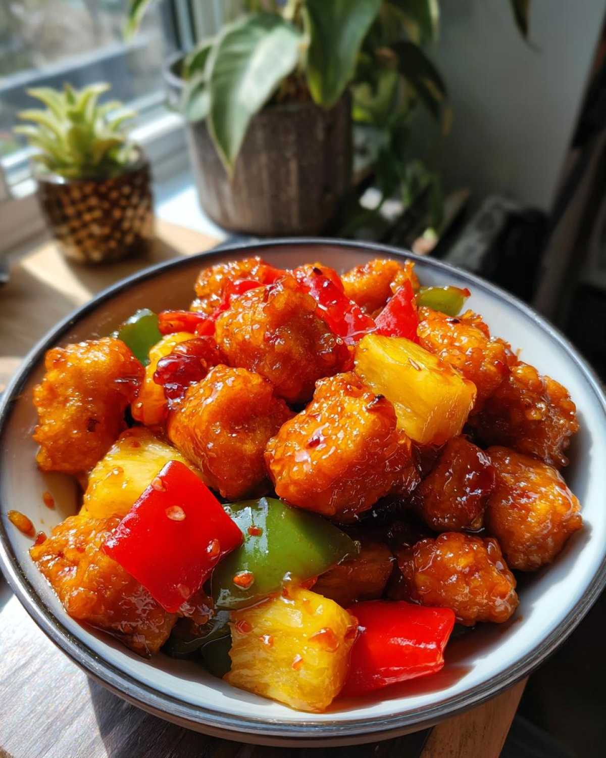 Miseczka z tofu w sosie słodko-kwaśnym, z kawałkami ananasa i kolorowej papryki.