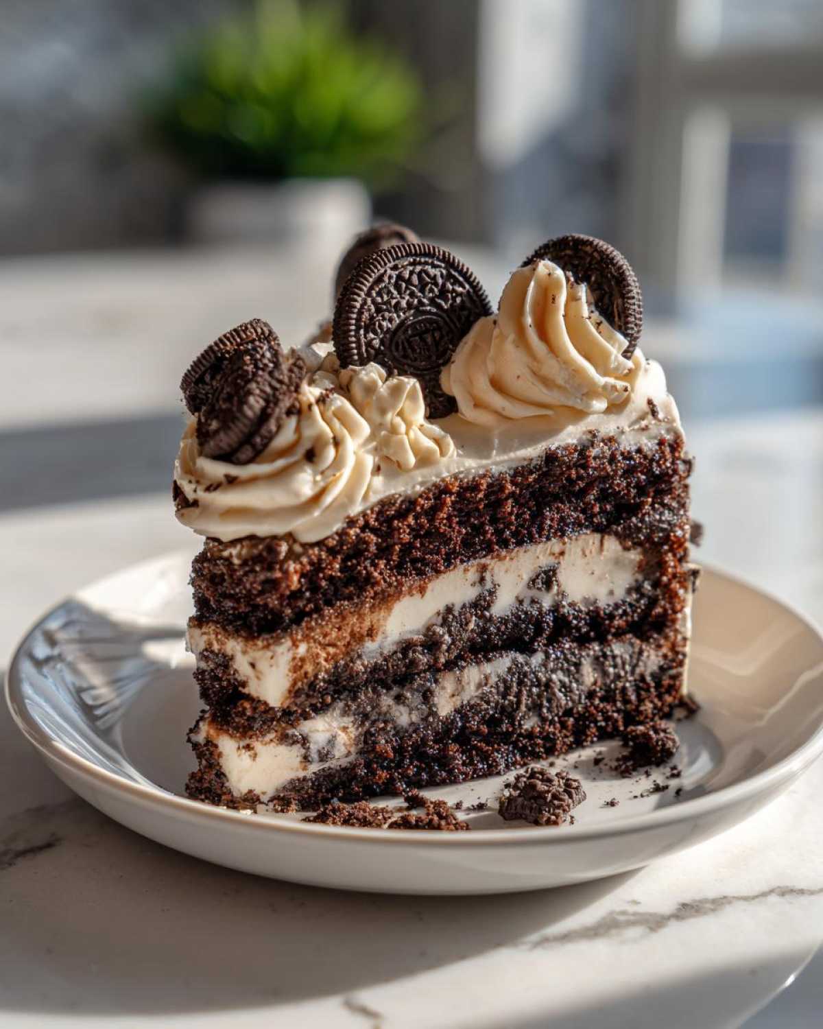 Kawałek tortu Oreo na talerzu, udekorowany kremem i całymi ciasteczkami Oreo.