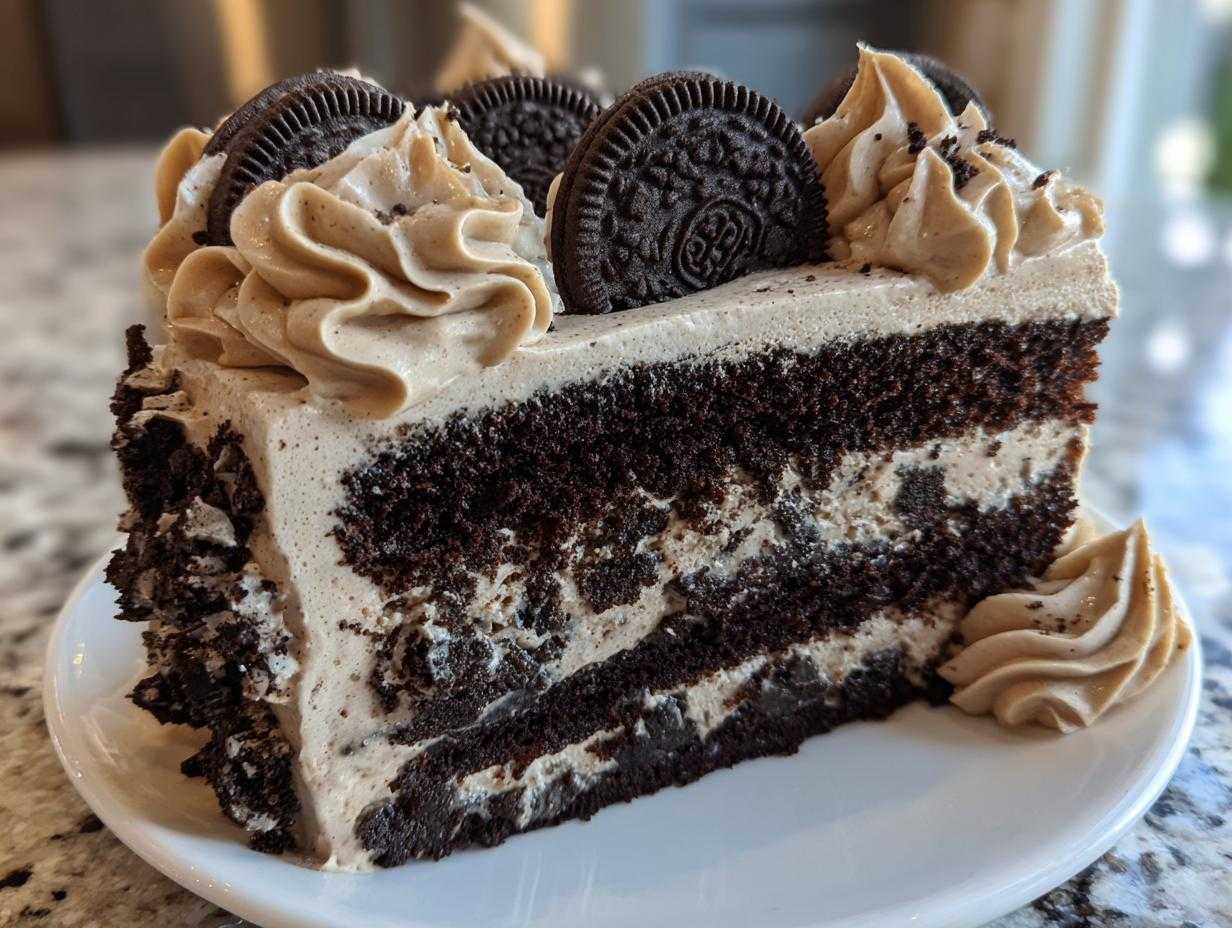 Kawałek tortu Oreo z kremem i ciasteczkami na talerzyku.