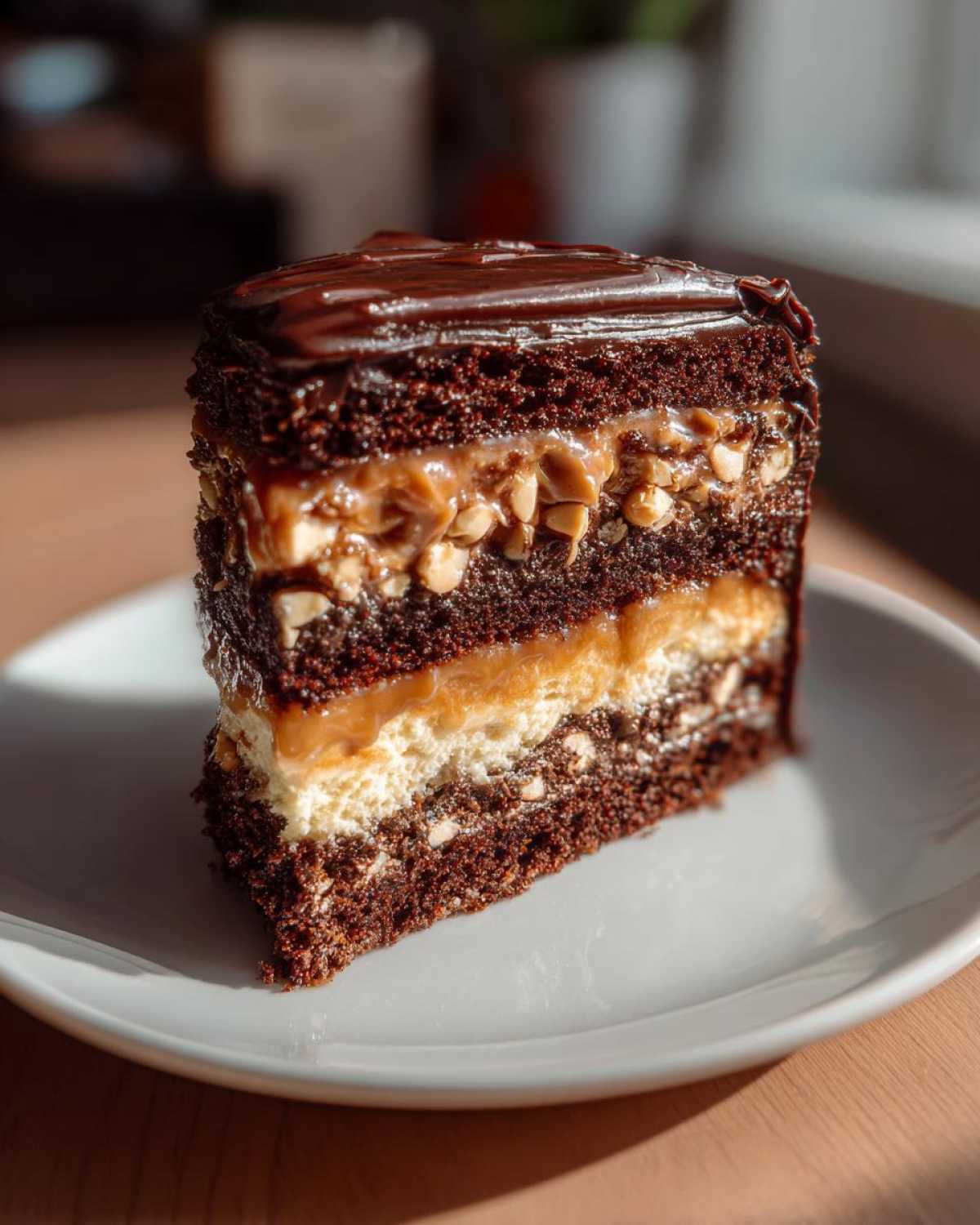 Kawałek tortu Snickers z warstwami czekoladowego ciasta, karmelu, orzeszków i kremu na białym talerzu.