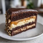 Kawałek tortu Snickers z czekoladowym biszkoptem, kremem, karmelem i orzeszkami ziemnymi.