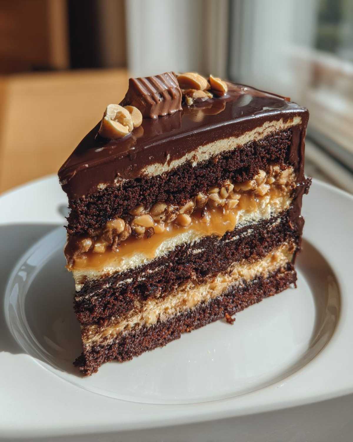 Kawałek tortu Snickers z czekoladowymi blatami, kremem orzechowym, karmelem i orzeszkami ziemnymi, udekorowany czekoladą i orzechami.